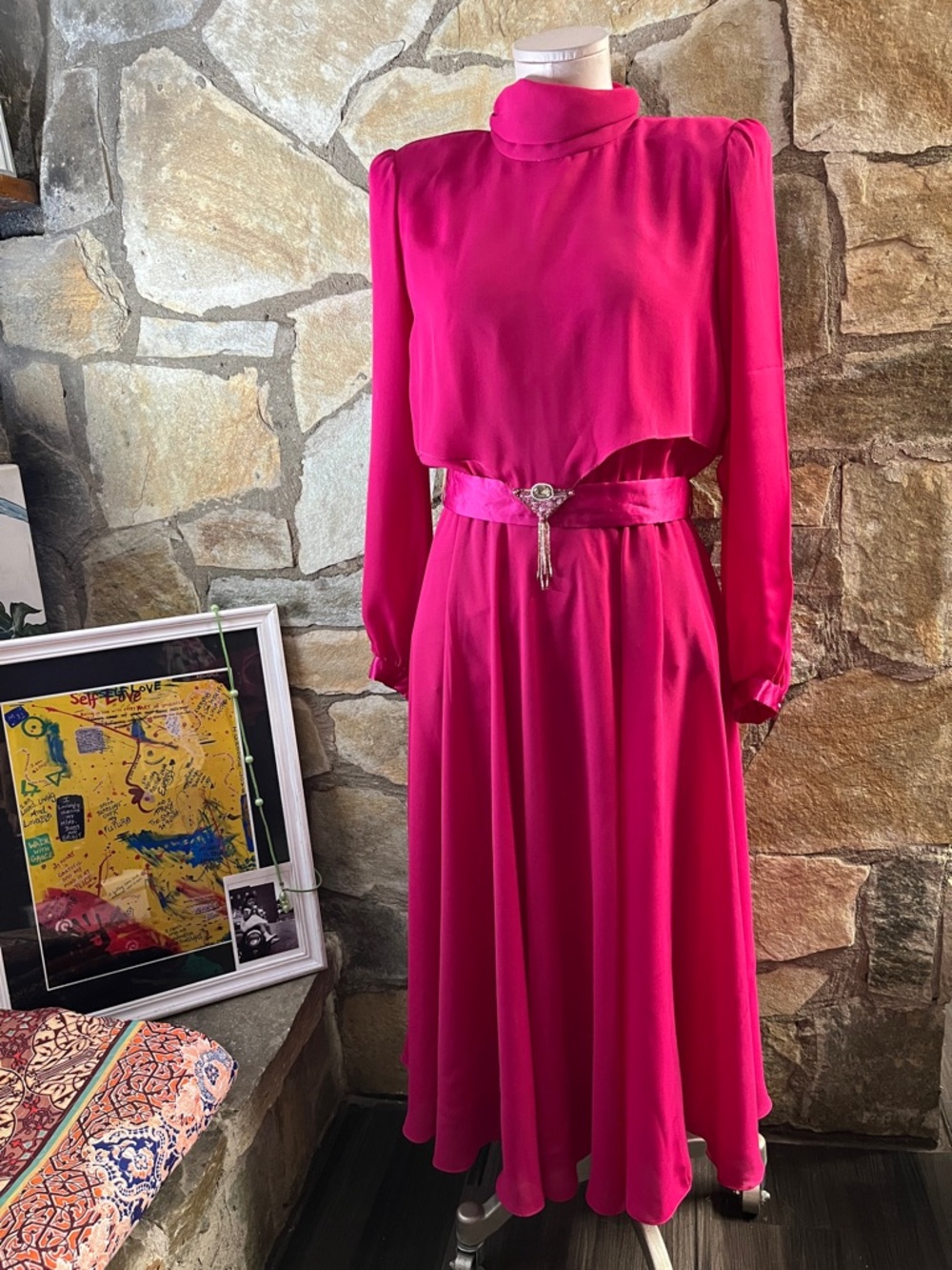 Vintage Ursula of Switzerland Fuchsia Pink Flowing Dress Rhinestone Waist